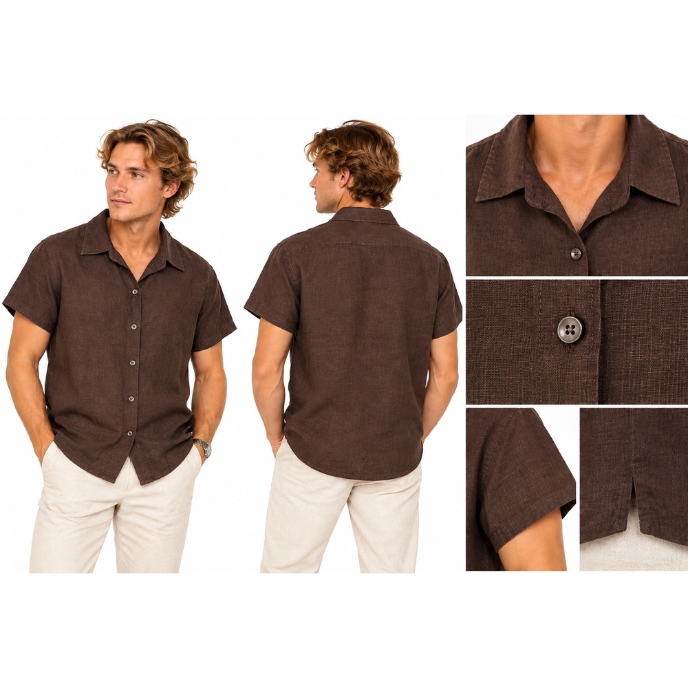 Autograph Shirt Mens L 100% Linen Brown Short Sleeve Quiet Luxury Resort Casual